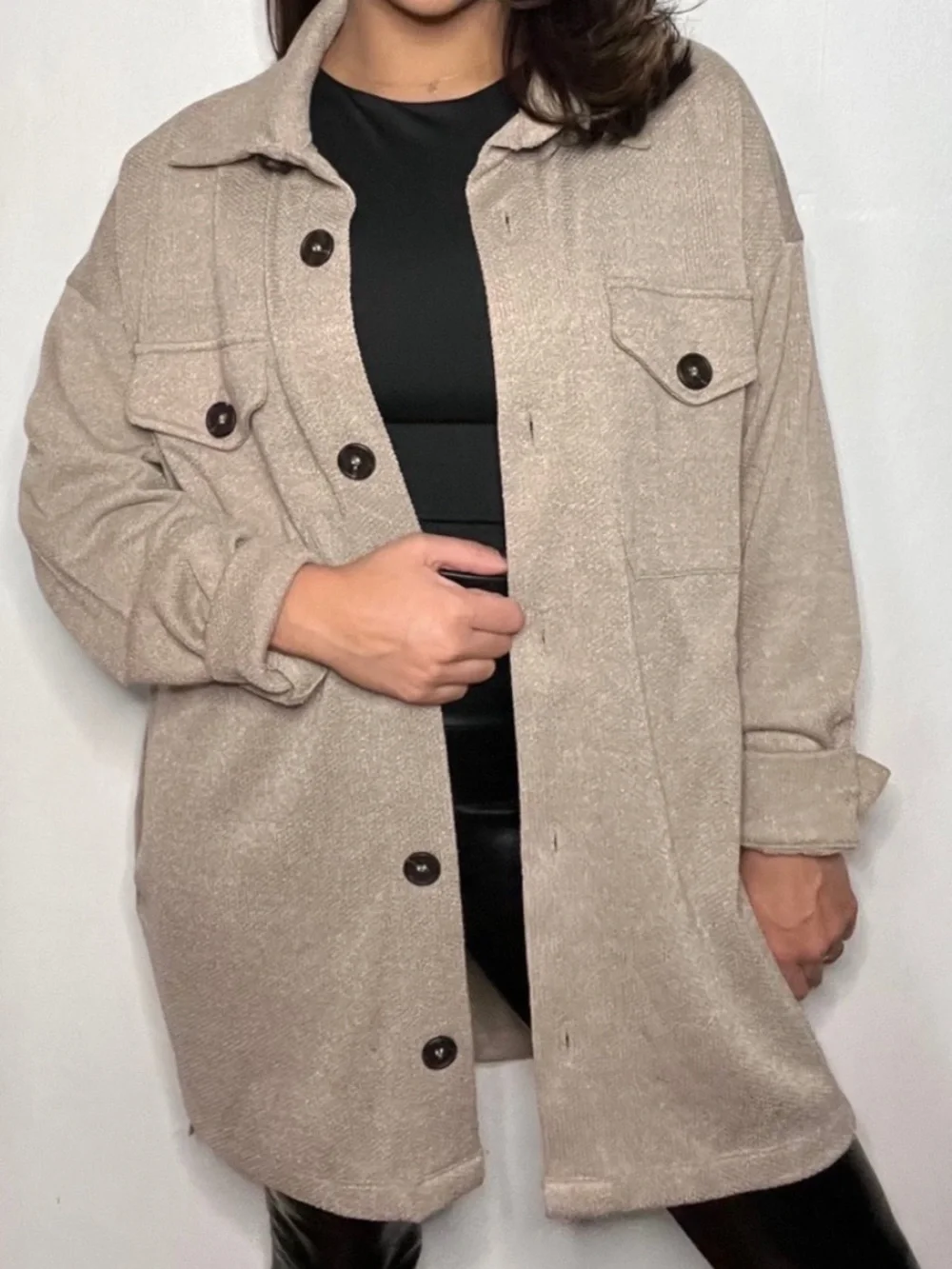 Taupe Button-Front Shacket Jacket - Women